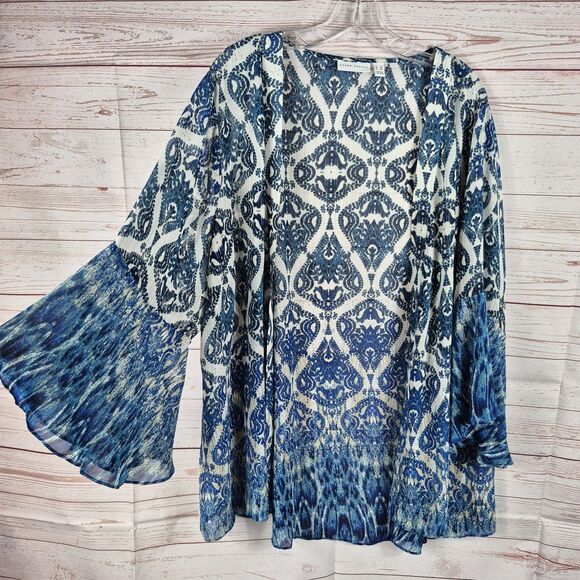 Susan Graver Plus Size 3X Floral Kimono Blue White Boho Artsy Art to Wear Sheer - Picture 1 of 7